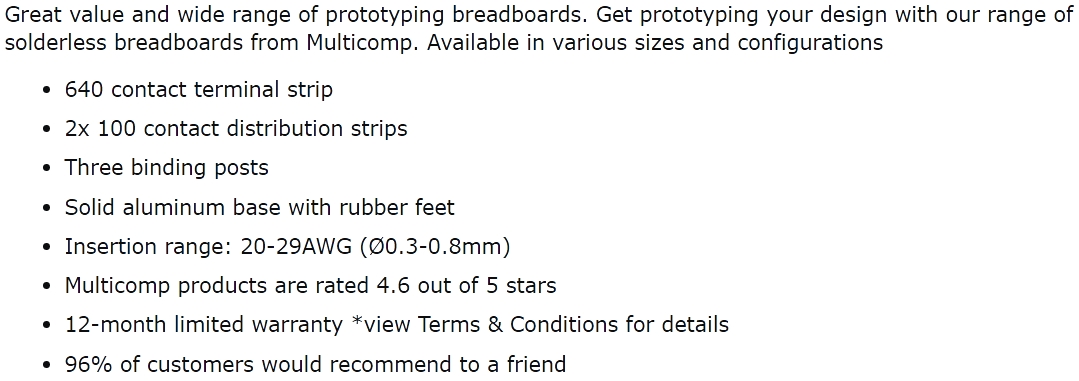 לוח ניסוי לאלקטרוניקה מטריצה MULTICOMP MC01001